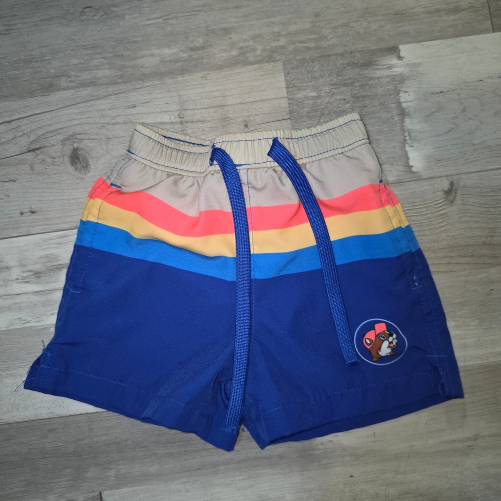 Buc-ee's Baby Boy Swim Trunks Blue Striped Beaver Logo 12-18M Board Shorts